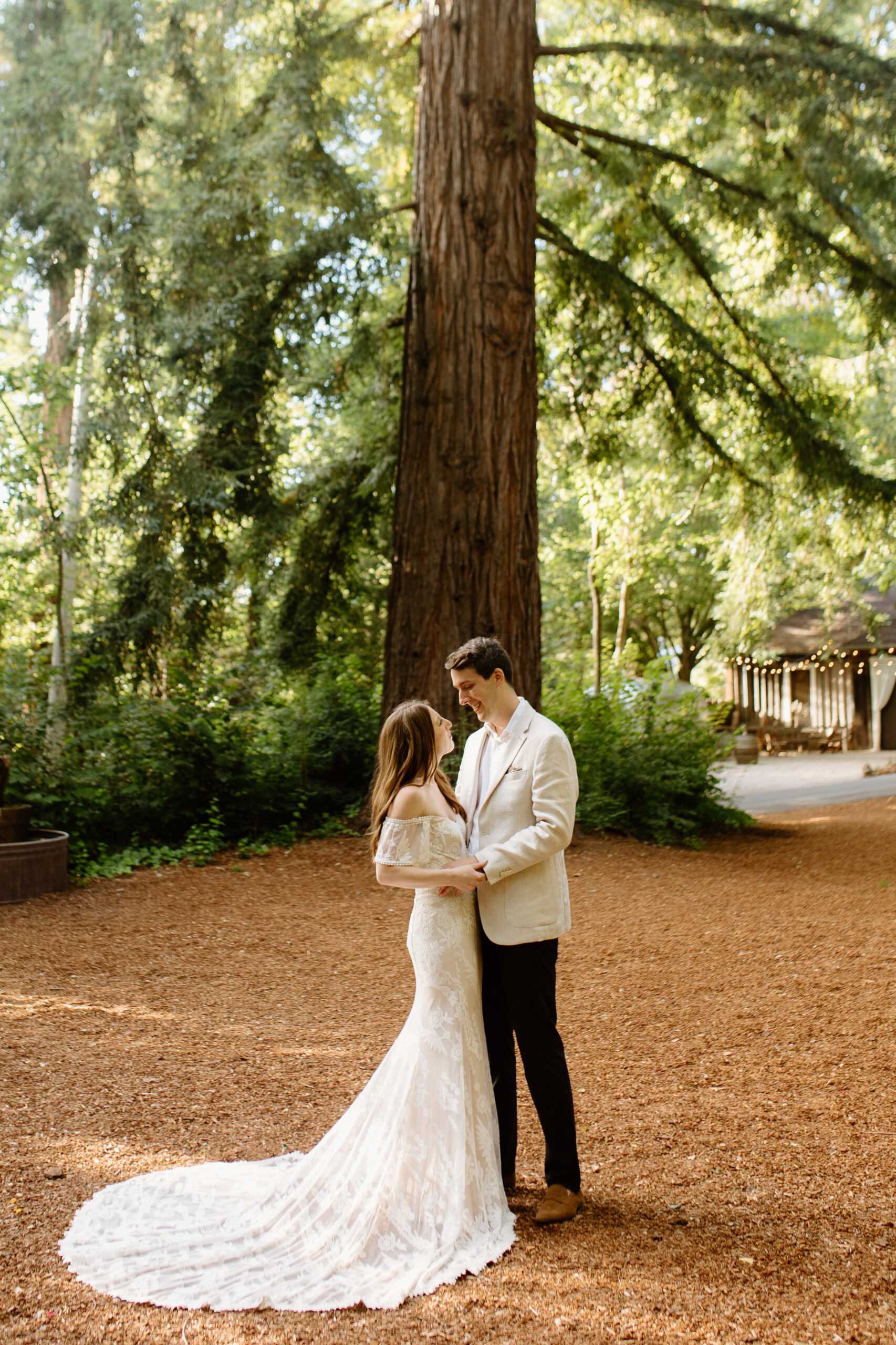 Bride and groom standing under the redwoods at Sand Rock Farm venue in Aptos, California